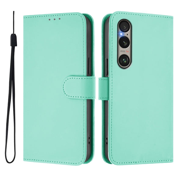 For Sony Xperia 1 VI 2024 Skin Feel Solid Color Leather Phone Case with Lanyard(Mint Green)