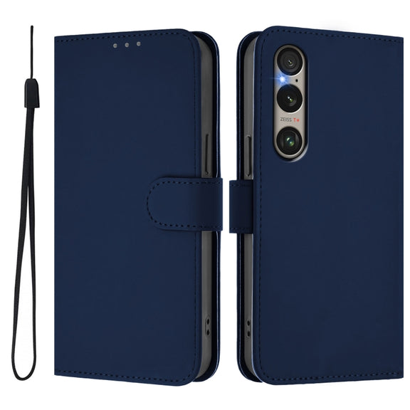 For Sony Xperia 1 VI 2024 Skin Feel Solid Color Leather Phone Case with Lanyard(Navy Blue)