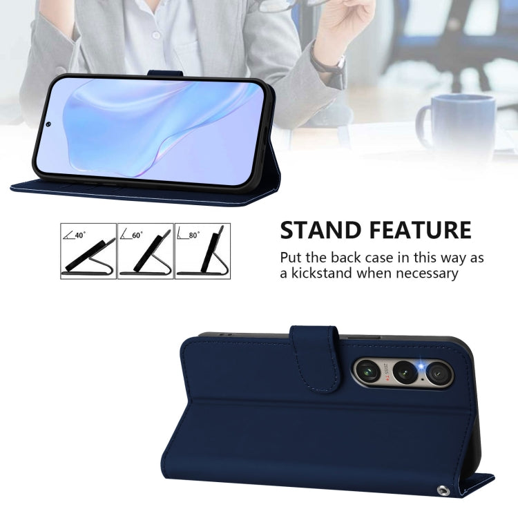 For Sony Xperia 1 VI 2024 Skin Feel Solid Color Leather Phone Case with Lanyard(Navy Blue)