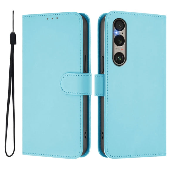 For Sony Xperia 1 VI 2024 Skin Feel Solid Color Leather Phone Case with Lanyard(Sky Blue)