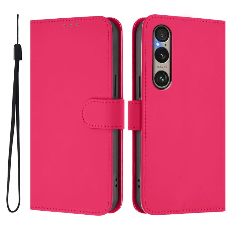 For Sony Xperia 1 VI 2024 Skin Feel Solid Color Leather Phone Case with Lanyard(Rose Red)