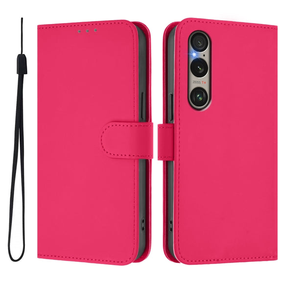 For Sony Xperia 1 VI 2024 Skin Feel Solid Color Leather Phone Case with Lanyard(Rose Red)
