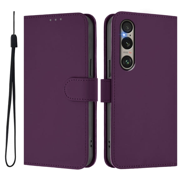For Sony Xperia 1 VI 2024 Skin Feel Solid Color Leather Phone Case with Lanyard(Violet)