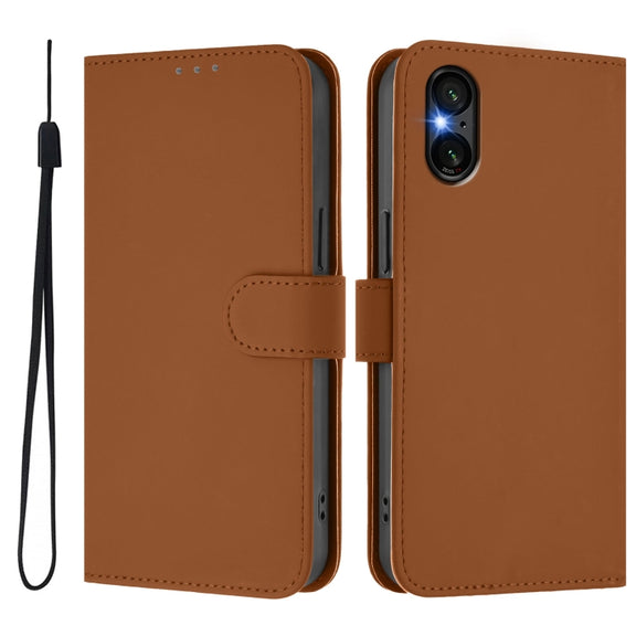 For Sony Xperia 5 VI 2024 Skin Feel Solid Color Leather Phone Case with Lanyard(Brown)