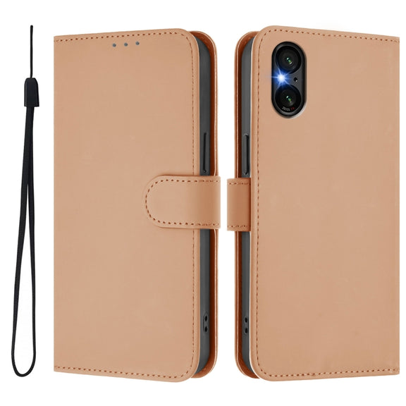 For Sony Xperia 5 VI 2024 Skin Feel Solid Color Leather Phone Case with Lanyard(Nude)