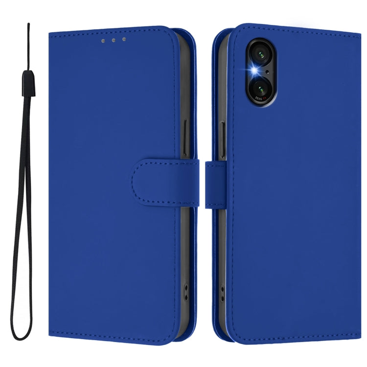For Sony Xperia 5 VI 2024 Skin Feel Solid Color Leather Phone Case with Lanyard(Dark Blue)