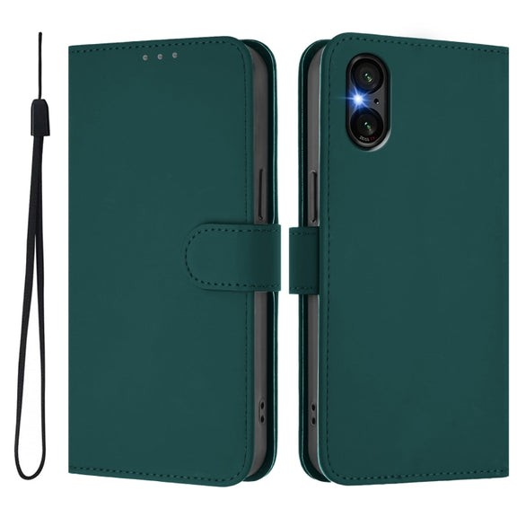 For Sony Xperia 5 VI 2024 Skin Feel Solid Color Leather Phone Case with Lanyard(Dark Green)