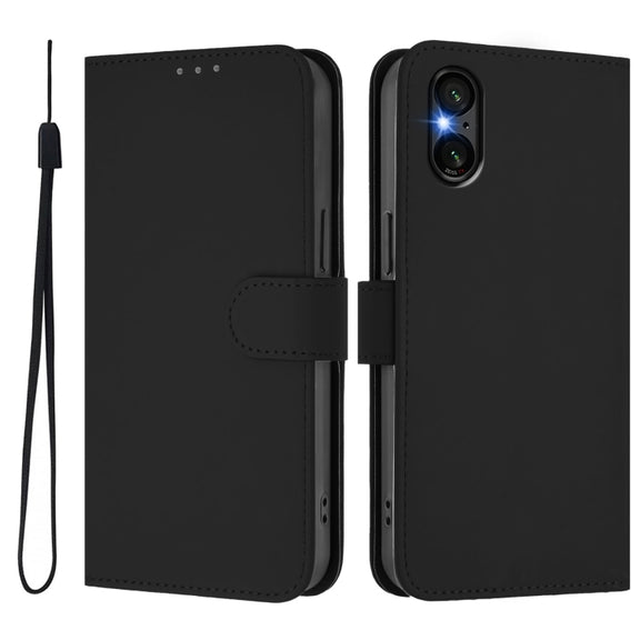 For Sony Xperia 5 VI 2024 Skin Feel Solid Color Leather Phone Case with Lanyard(Black)