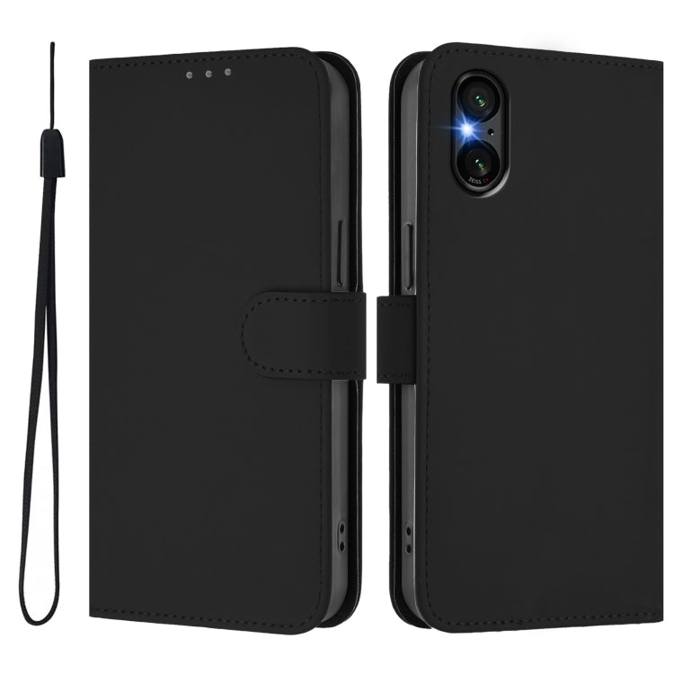 For Sony Xperia 5 VI 2024 Skin Feel Solid Color Leather Phone Case with Lanyard(Black)