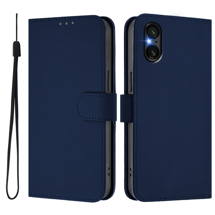 For Sony Xperia 5 VI 2024 Skin Feel Solid Color Leather Phone Case with Lanyard(Navy Blue)