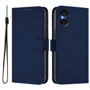 For Sony Xperia 5 VI 2024 Skin Feel Solid Color Leather Phone Case with Lanyard(Navy Blue)