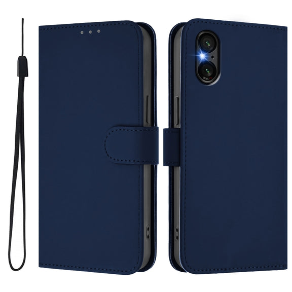 For Sony Xperia 5 VI 2024 Skin Feel Solid Color Leather Phone Case with Lanyard(Navy Blue)