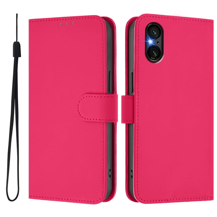 For Sony Xperia 5 VI 2024 Skin Feel Solid Color Leather Phone Case with Lanyard(Rose Red)