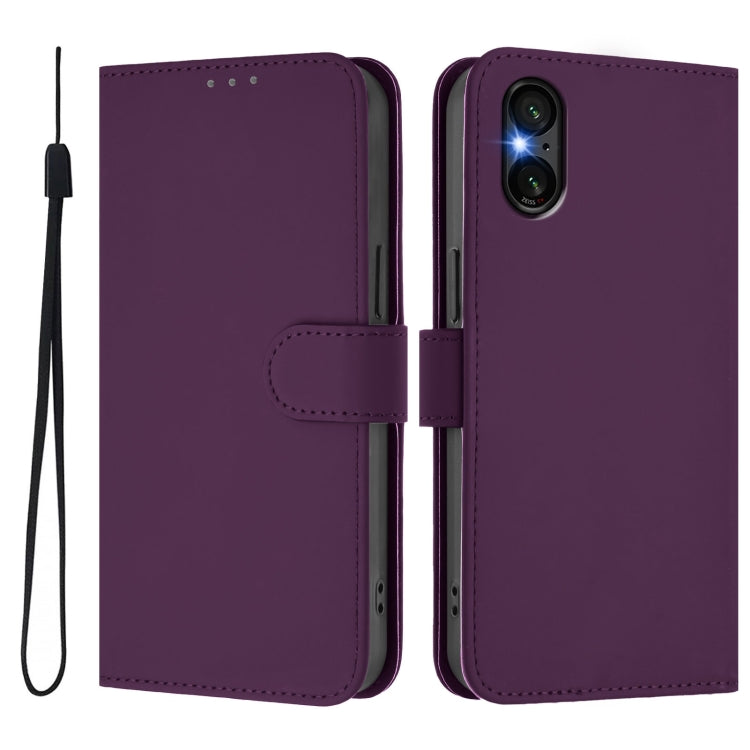 For Sony Xperia 5 VI 2024 Skin Feel Solid Color Leather Phone Case with Lanyard(Violet)