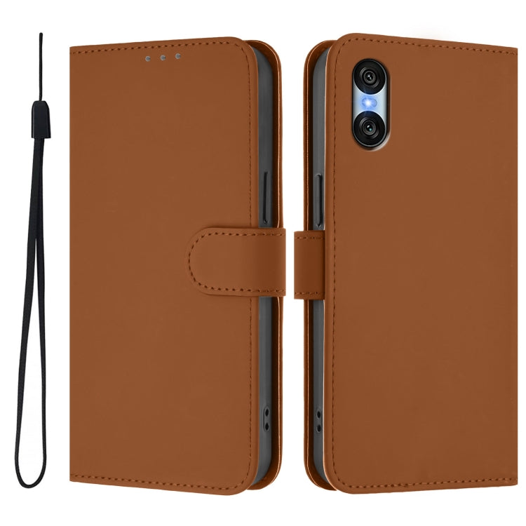 For Sony Xperia 10 VI 2024 Skin Feel Solid Color Leather Phone Case with Lanyard(Brown)
