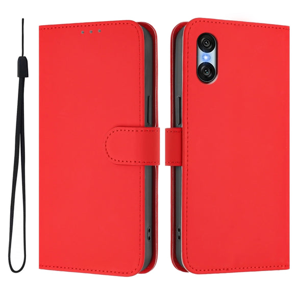 For Sony Xperia 10 VI 2024 Skin Feel Solid Color Leather Phone Case with Lanyard(Red)