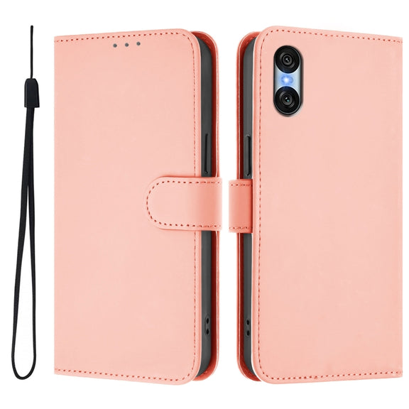For Sony Xperia 10 VI 2024 Skin Feel Solid Color Leather Phone Case with Lanyard(Pink)