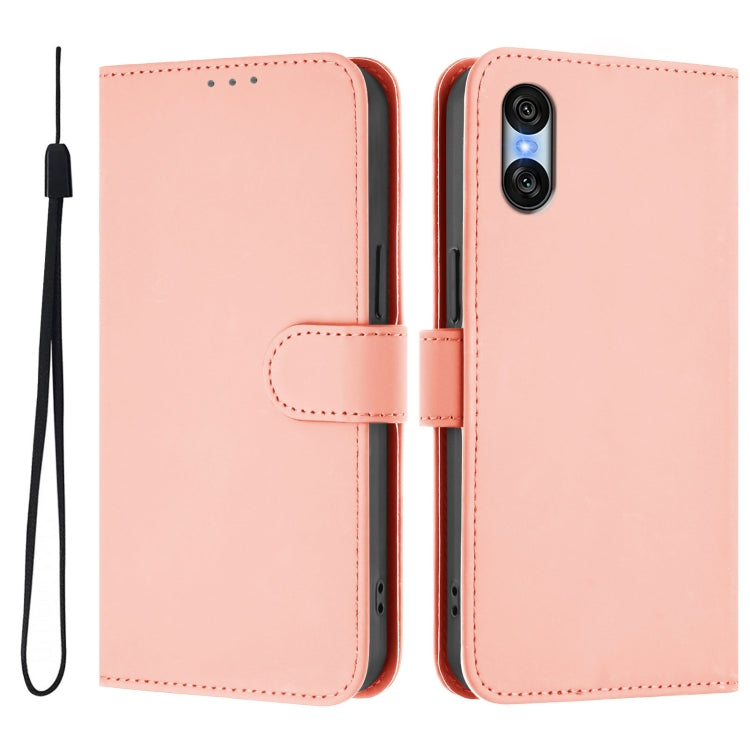 For Sony Xperia 10 VI 2024 Skin Feel Solid Color Leather Phone Case with Lanyard(Pink)