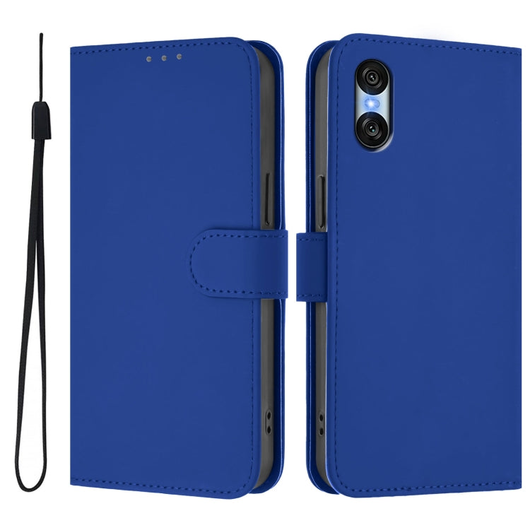 For Sony Xperia 10 VI 2024 Skin Feel Solid Color Leather Phone Case with Lanyard(Dark Blue)