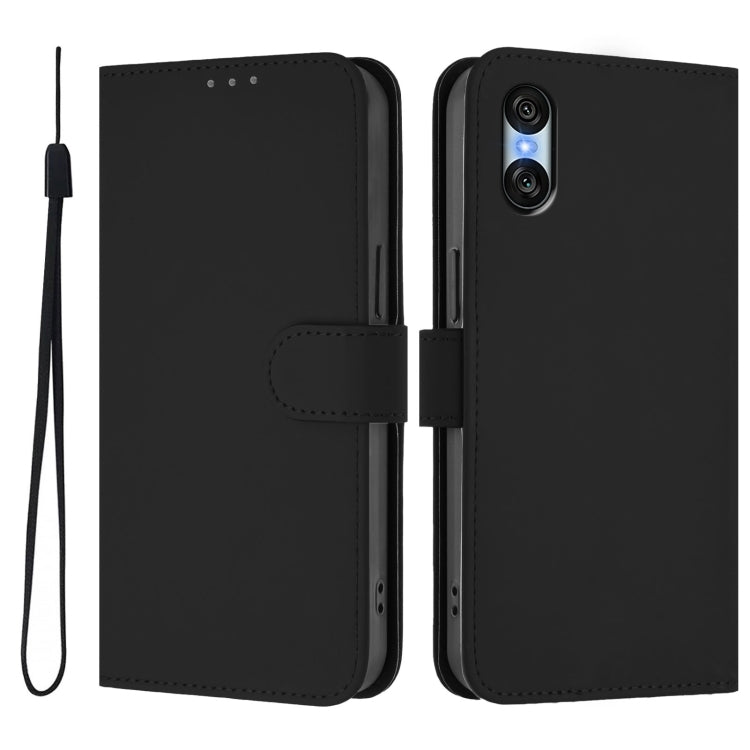 For Sony Xperia 10 VI 2024 Skin Feel Solid Color Leather Phone Case with Lanyard(Black)