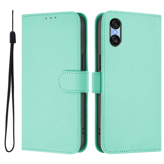 For Sony Xperia 10 VI 2024 Skin Feel Solid Color Leather Phone Case with Lanyard(Mint Green)