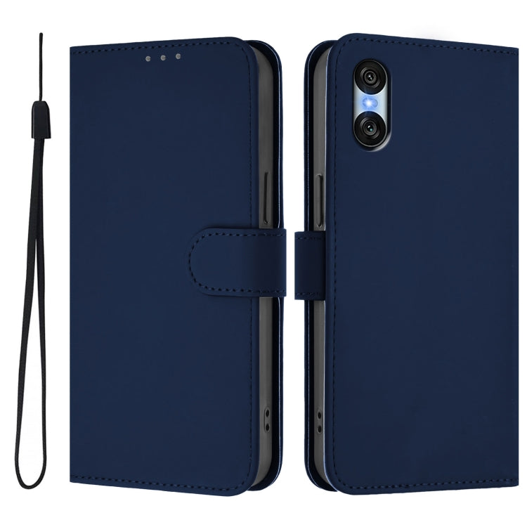For Sony Xperia 10 VI 2024 Skin Feel Solid Color Leather Phone Case with Lanyard(Navy Blue)