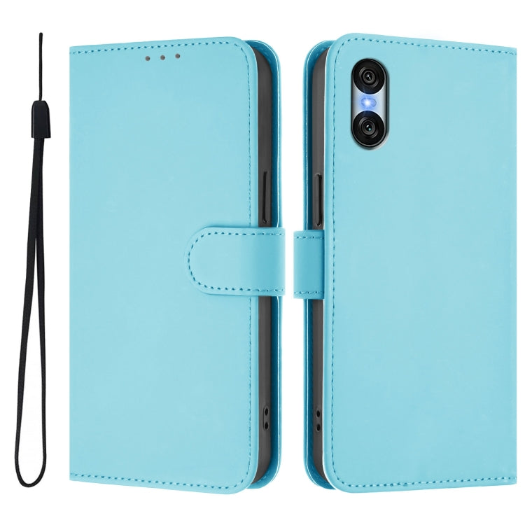 For Sony Xperia 10 VI 2024 Skin Feel Solid Color Leather Phone Case with Lanyard(Sky Blue)