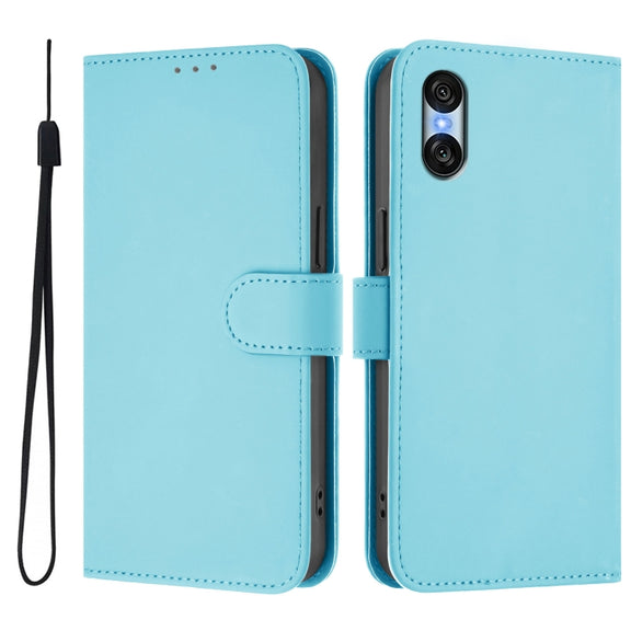 For Sony Xperia 10 VI 2024 Skin Feel Solid Color Leather Phone Case with Lanyard(Sky Blue)