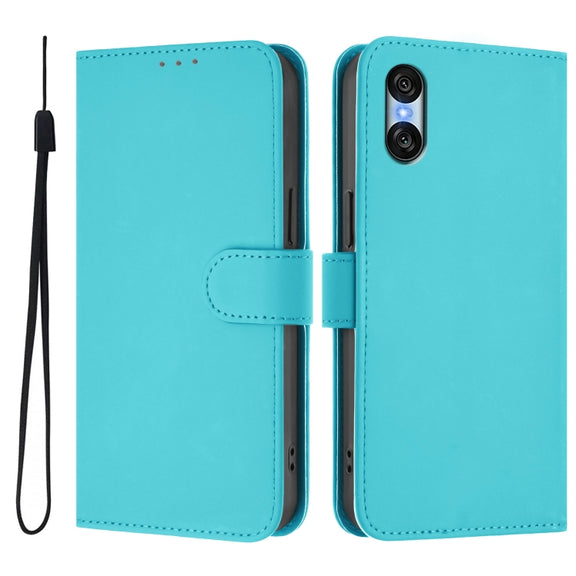 For Sony Xperia 10 VI 2024 Skin Feel Solid Color Leather Phone Case with Lanyard(Lake Blue)