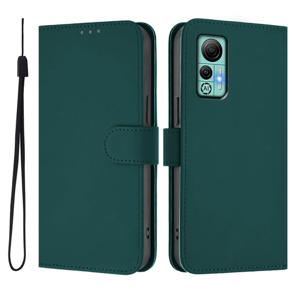 For Ulefone Note 14 Skin Feel Solid Color Leather Phone Case with Lanyard(Dark Green)