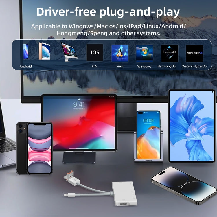 NK-1055TL Pro USB-C / Type-C, 8 Pin, USB to USB-C / Type-C, 8 Pin, 3 x USB, TF / SD Card Multi-function Adapter(White)