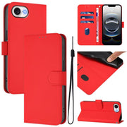 For iPhone 16e Skin Feel Solid Color Leather Phone Case with Lanyard(Red)