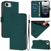 For iPhone 16e Skin Feel Solid Color Leather Phone Case with Lanyard(Dark Green)