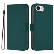 For iPhone 16e Skin Feel Solid Color Leather Phone Case with Lanyard(Dark Green)