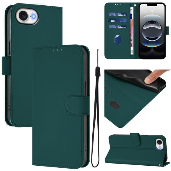 For iPhone 16e Skin Feel Solid Color Leather Phone Case with Lanyard(Dark Green)
