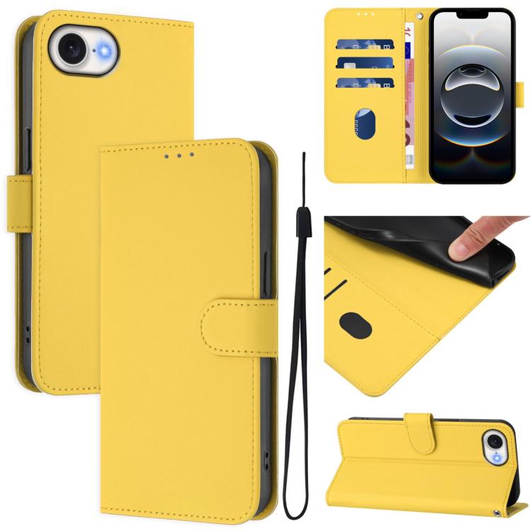 For iPhone 16e Skin Feel Solid Color Leather Phone Case with Lanyard(Lemon Yellow)