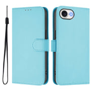 For iPhone 16e Skin Feel Solid Color Leather Phone Case with Lanyard(Sky Blue)