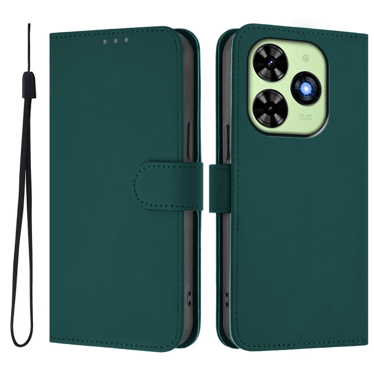 For Tecno Spark Go 2024 4G Skin Feel Solid Color Leather Phone Case with Lanyard(Dark Green)