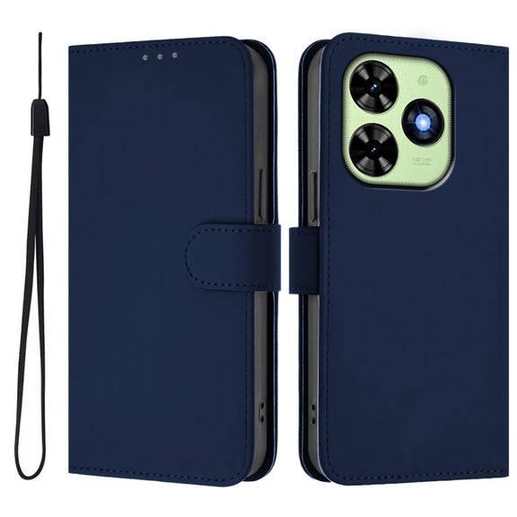 For Tecno Spark Go 2024 4G Skin Feel Solid Color Leather Phone Case with Lanyard(Navy Blue)