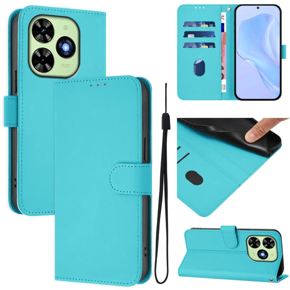 For Tecno Spark Go 2024 4G Skin Feel Solid Color Leather Phone Case with Lanyard(Lake Blue)