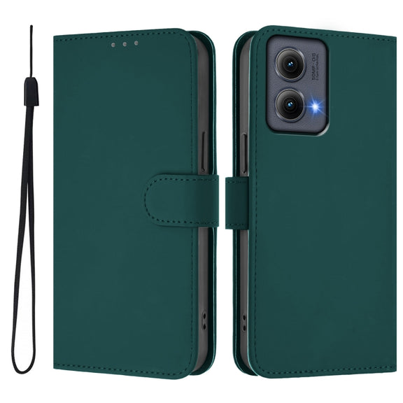 For Motorola Edge 5G 2024 Skin Feel Solid Color Leather Phone Case with Lanyard(Dark Green)