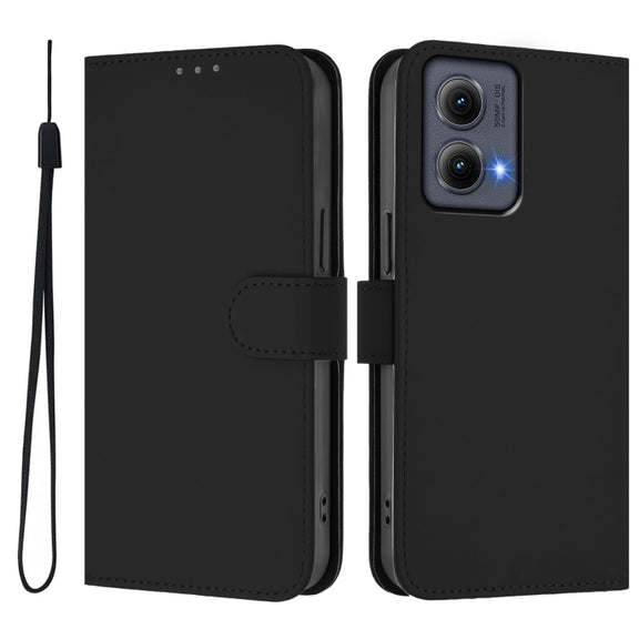 For Motorola Edge 5G 2024 Skin Feel Solid Color Leather Phone Case with Lanyard(Black)