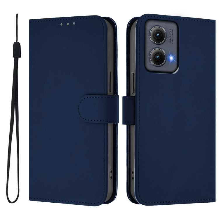 For Motorola Edge 5G 2024 Skin Feel Solid Color Leather Phone Case with Lanyard(Navy Blue)