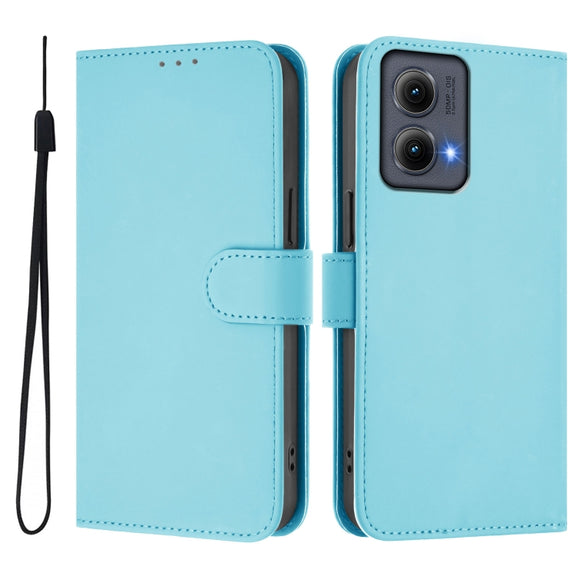 For Motorola Edge 5G 2024 Skin Feel Solid Color Leather Phone Case with Lanyard(Sky Blue)