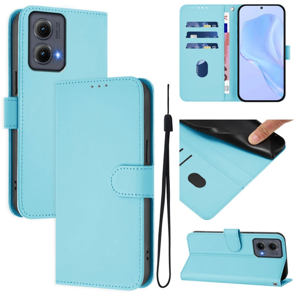 For Motorola Edge 5G 2024 Skin Feel Solid Color Leather Phone Case with Lanyard(Sky Blue)