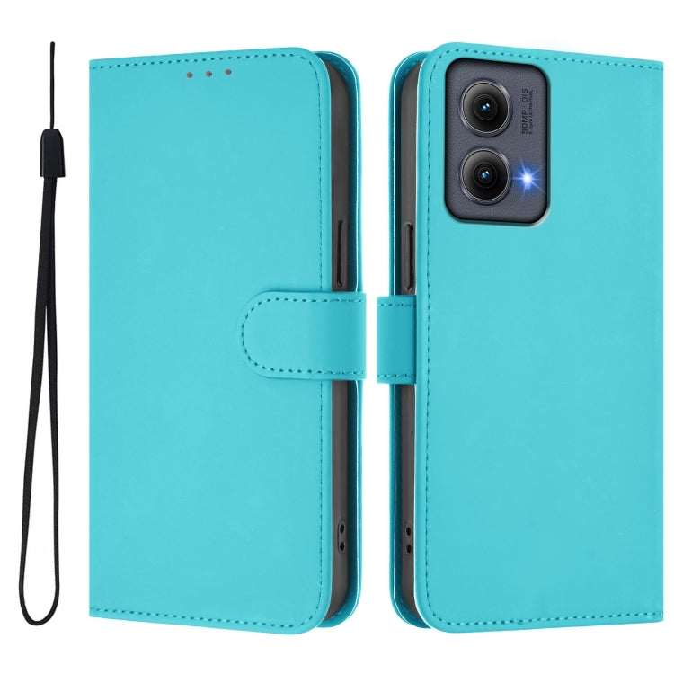 For Motorola Edge 5G 2024 Skin Feel Solid Color Leather Phone Case with Lanyard(Lake Blue)
