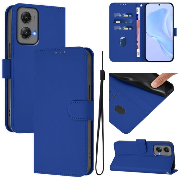 For Motorola Moto G Stylus 5G 2024 Skin Feel Solid Color Leather Phone Case with Lanyard(Dark Blue)