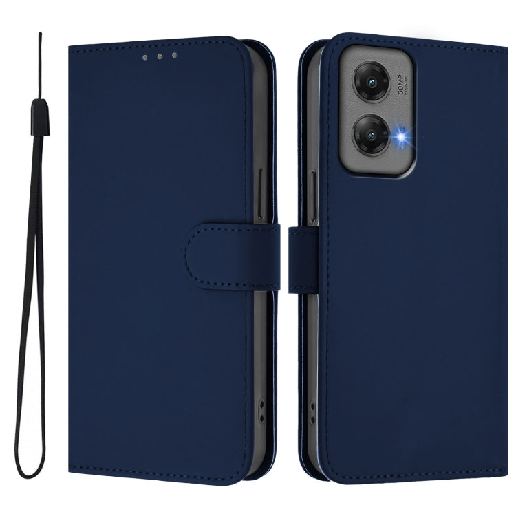 For Motorola Moto G Stylus 5G 2024 Skin Feel Solid Color Leather Phone Case with Lanyard(Navy Blue)