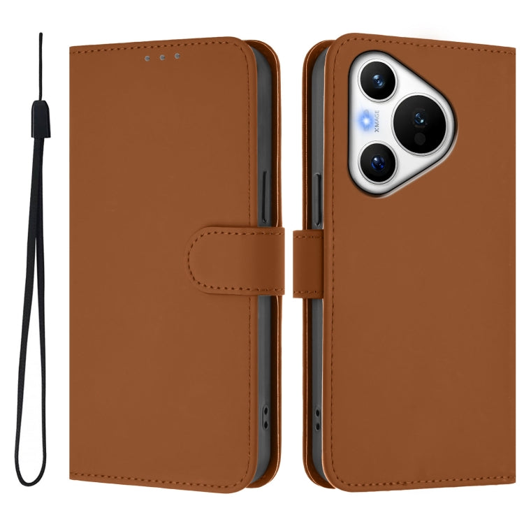 For Huawei Pura 70 Skin Feel Solid Color Leather Phone Case with Lanyard(Brown)