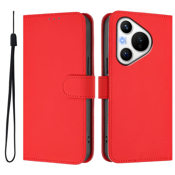 For Huawei Pura 70 Skin Feel Solid Color Leather Phone Case with Lanyard(Red)